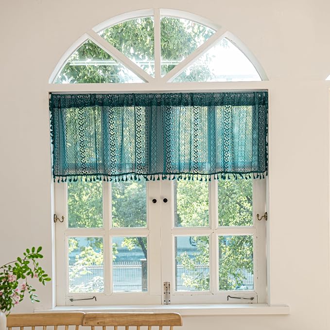 Sutuo Home Boho Valance Tier Curtains Crochet Lace Sheer Bohemian Hollow Knitted by SutuoHome