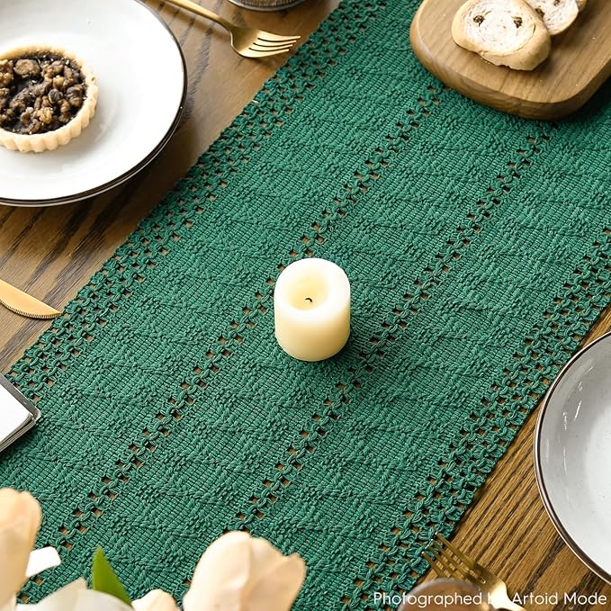 Artoid Mode Dark Green Farmhouse Woven Rustic Hollow Table Runner, Seasonal Holiday Hollow Kitchen Dining Table Decoration for Home Party Decor 12x60 Inch