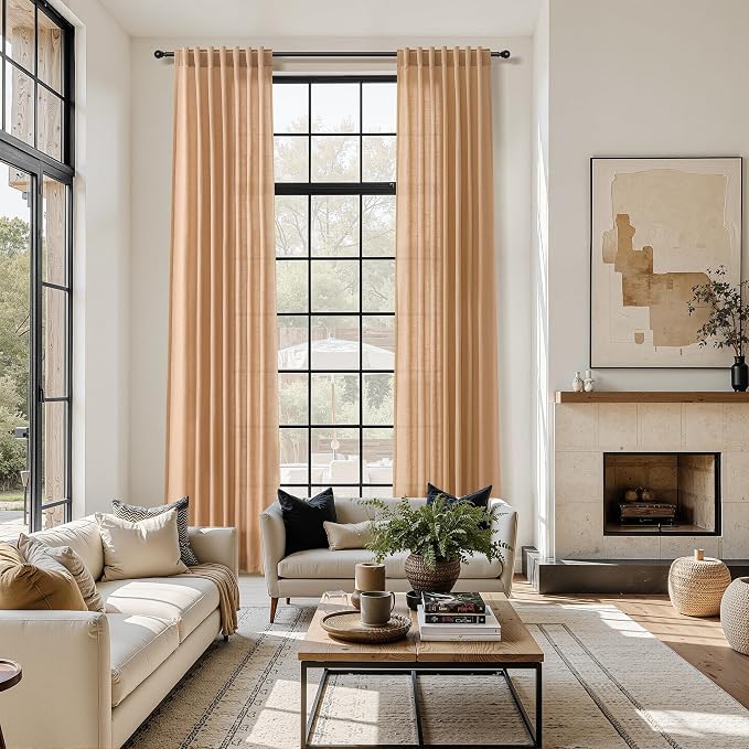 Camel Linen Curtains for Living Room Extra Long 126 Inches Long Back Tab Light by Nanspring