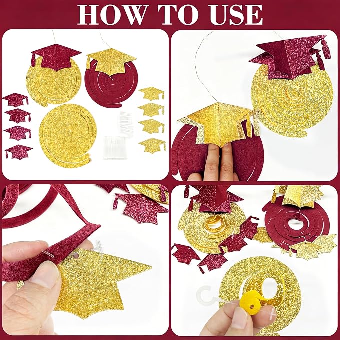 24Pcs Maroon Gold Graduation Grad Cap Hanging Felt Swirl Streamer Spiral - Image 3