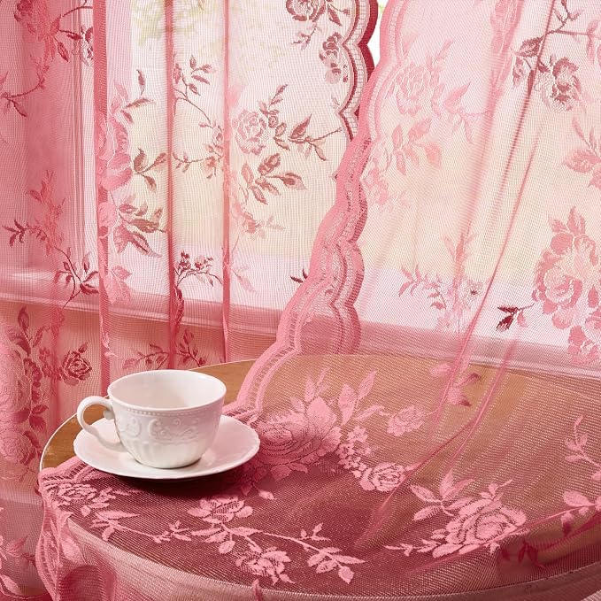 SEEKRIGHT Coral Lace Curtains 63 Inch Length 2 Panels Set Country Floral Sheer - Image 4