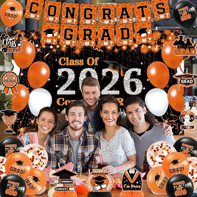 DARUNAXY Orange Graduation Party Decorations, 2026 Congrats Grad Honeycomb - Image 7