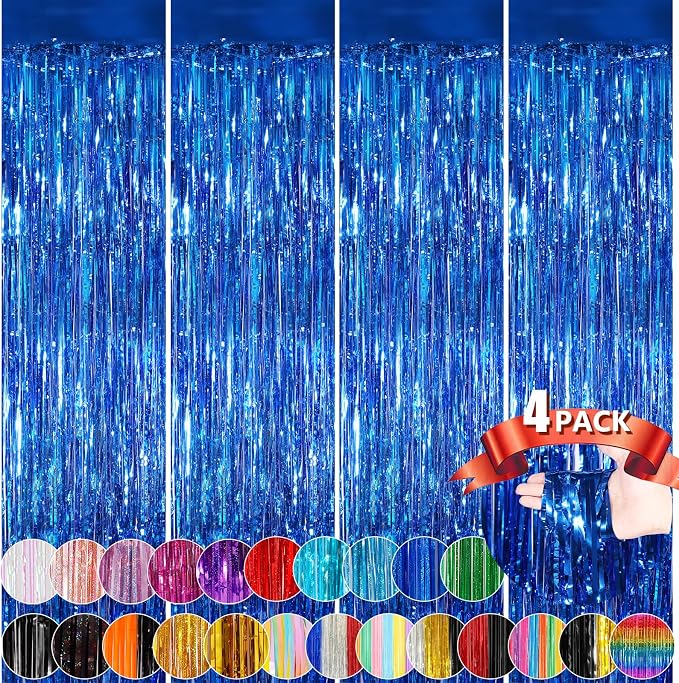Blue Metallic Tinsel Foil Fringe Curtains, 4 Pack 3.3x8.3 Feet Party Streamer by NUWDHP