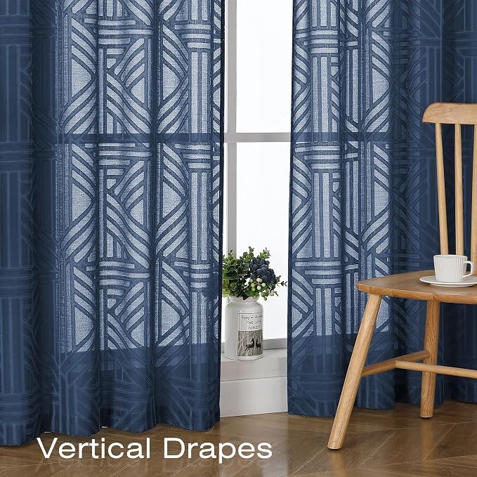 Simplebrand Navy Blue Semi Sheer Curtains 45 Inch Length 2 Panels, Geometric - Image 5