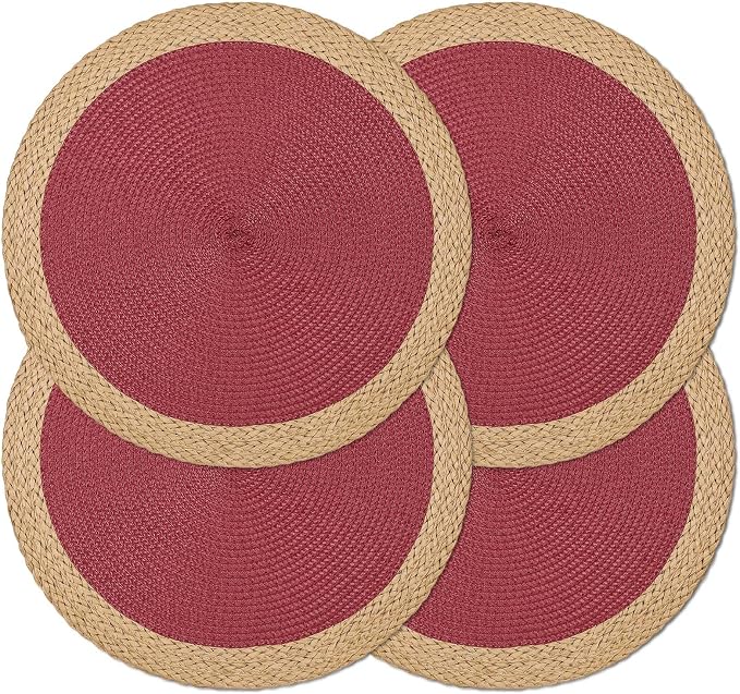 Round Placemats Set of 4, Woven Table Mats, Wide Edge, Berry Red | Braided by Noctiflorous