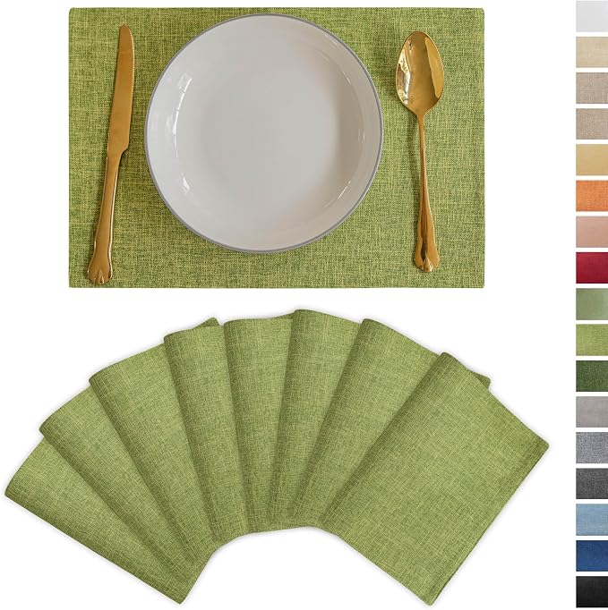 Demetex Table Placemats Set of 8 Olive Green Linen Place Mats Washable Fabric by DEMETEX