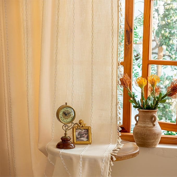 Sutuo Home Boho Curtains for Bedroom Dining Room Kitchen, Light Filtering Linen - Image 2
