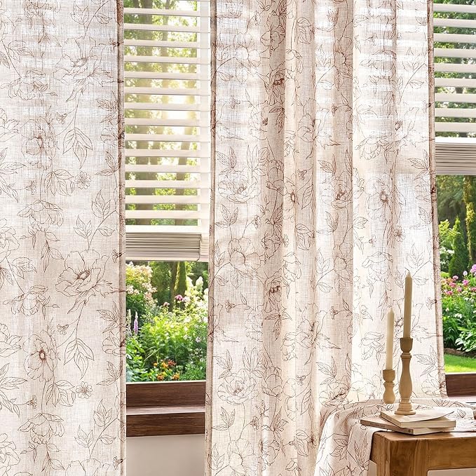 jinchan Floral Linen Curtains for Living Room 96 Inch Length Brown Flower - Image 7