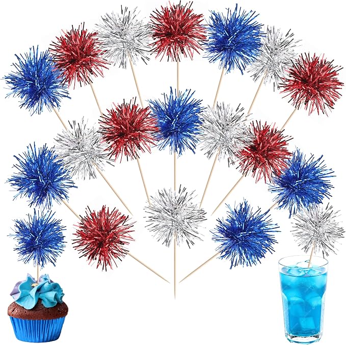 30 PCS Foil Firework Cupcake Toppers Sparkle Tinsel Cupcakae Picks 4th of July by ZHUOWEISM