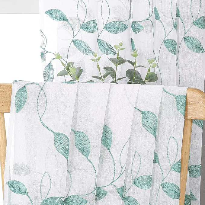 Tollpiz Teal Blue Leaf Sheer Curtain Bedroom 54 x 95 Inches | Leaves - Image 6