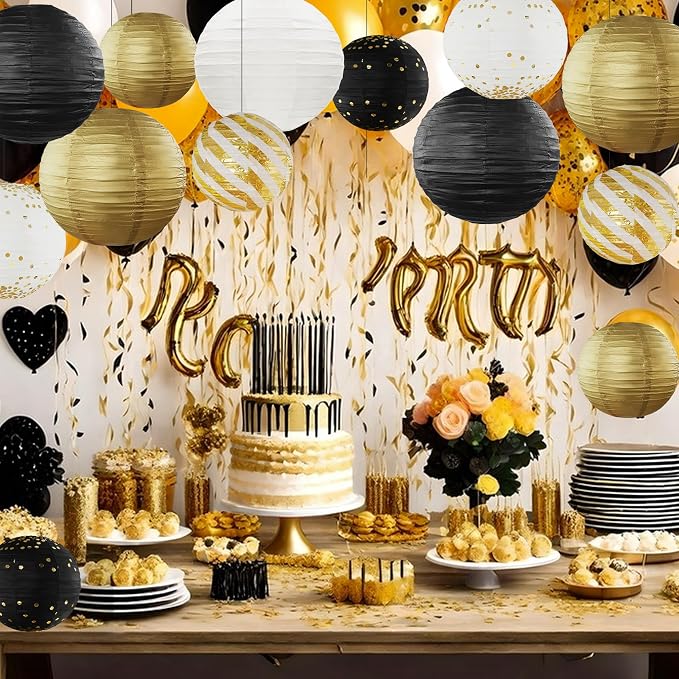 12PCS Black Gold Hanging Paper Lanterns Graduation Party Decor | Black and Gold - Image 6