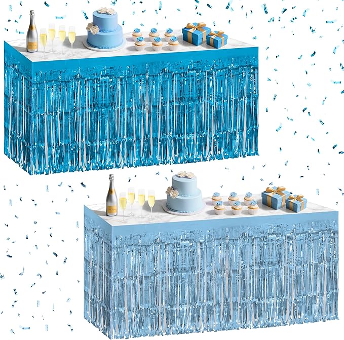 2 Pack Light Blue Lake Blue Table Skirts, 29x108" Metallic Foil Tinsel Fringe Table Skirt for Rectangle Tables Streamer Curtains Backdrop, Party Decorations for Birthdays, Weddings, Holidays