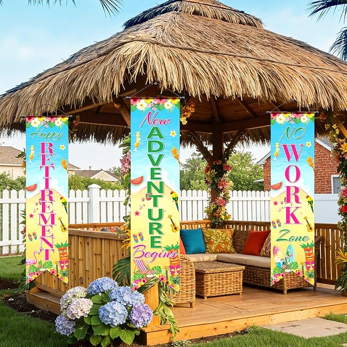 3Pcs Retirement Porch Sign Door Hanging Banner Luau Tropical Happy Retirement - Image 6
