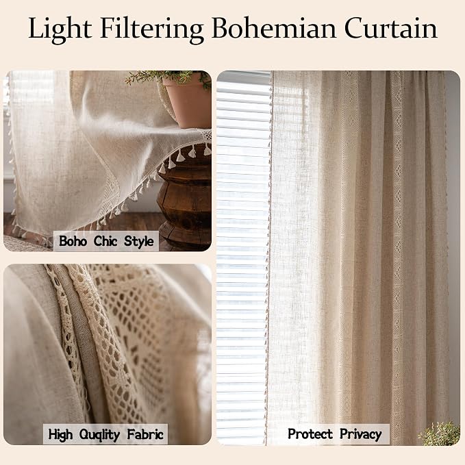 Sutuo Home Boho Linen Curtains for Kitchen Bedroom, Bohemian Semi Sheer Crochet - Image 2