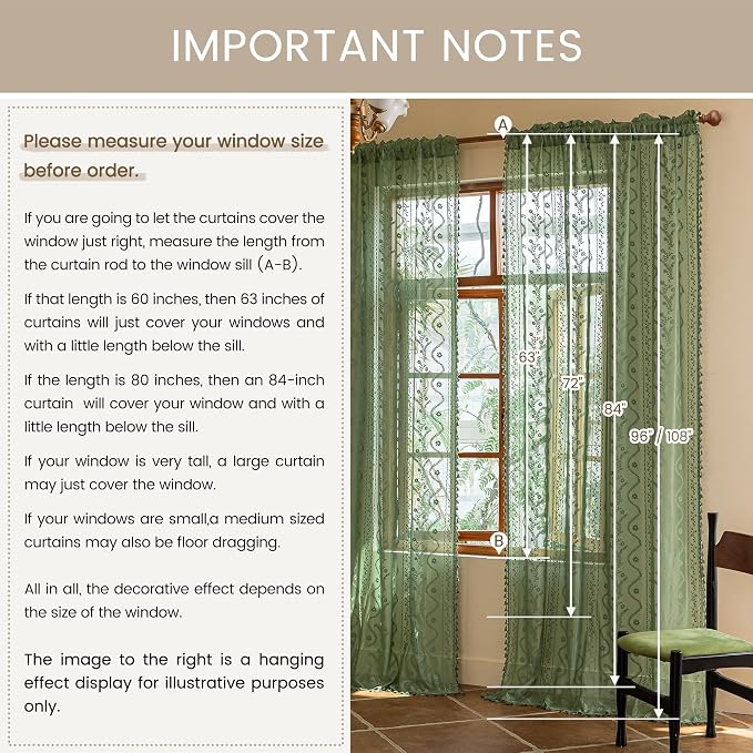 WAZZIO Boho Lace Curtains 2 Panels 84 Inches -Vintage Victorian Sheer Panel - Image 8