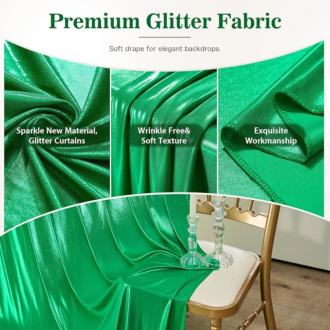 20x10ft Green Sequin Backdrop Curtains, Wrinkle Free Glitter Backdrop Drapes - Image 3