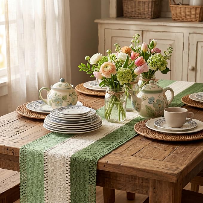 Artoid Mode Sage Beige Green Farmhouse Rustic Table Runner 12x120 Inch | - Image 4