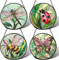 DASTOLL Stained Glass Window Hanging 4 Pcs Set Pink Green Insect Theme 9.8" by DASTOLL