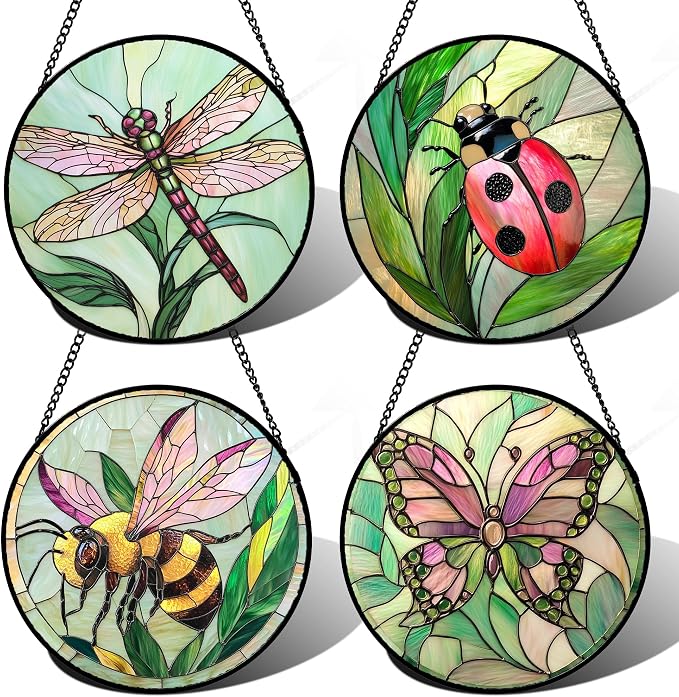 DASTOLL Stained Glass Window Hanging 4 Pcs Set Pink Green Insect Theme 7.8" by DASTOLL