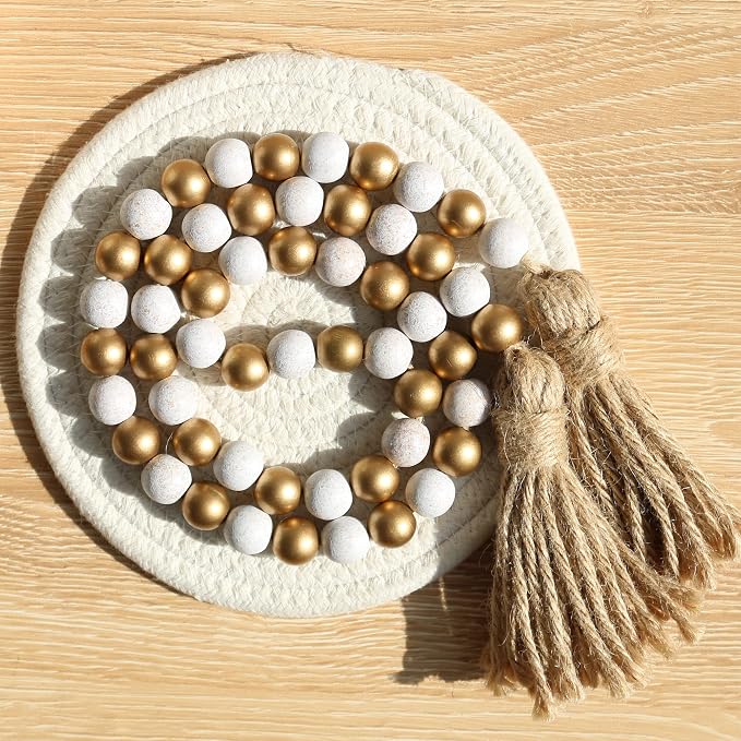 Meplait Wood Bead Garland, 39in Decorative Tassels Garland, Rustic Farmhouse - Image 4