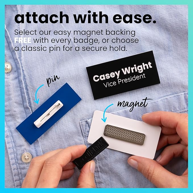 ExcelMark Custom Name Tag - Engraved Name Badge with Pin or Magnetic Backing, 16 Colors, 6 Fonts, and 2 Sizes to Choose from (Black w/White Letters, 1.5"x 3")