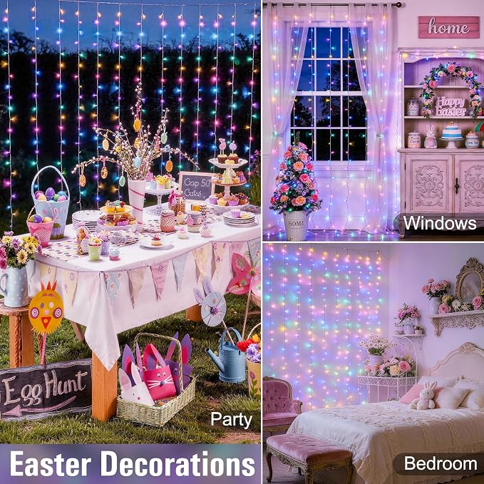 JMEXSUSS 300LED Curtain Lights for Easter Decor, Pastel | Remote Control - Image 4