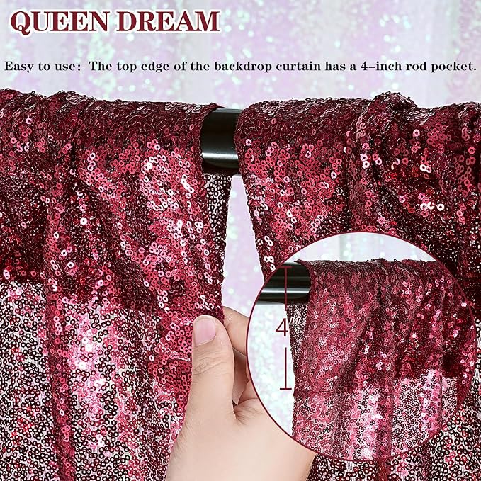 Glitter Sequin Backdrop 2 Panels 3x8FT Burgundy Red Wedding Photo Curtains | - Image 5