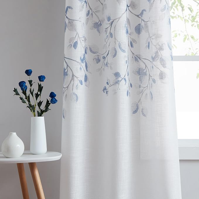 Central Park Leaf Floral Print Metallic Sheer Curtain, Grommet Top, Linen by CentralPark