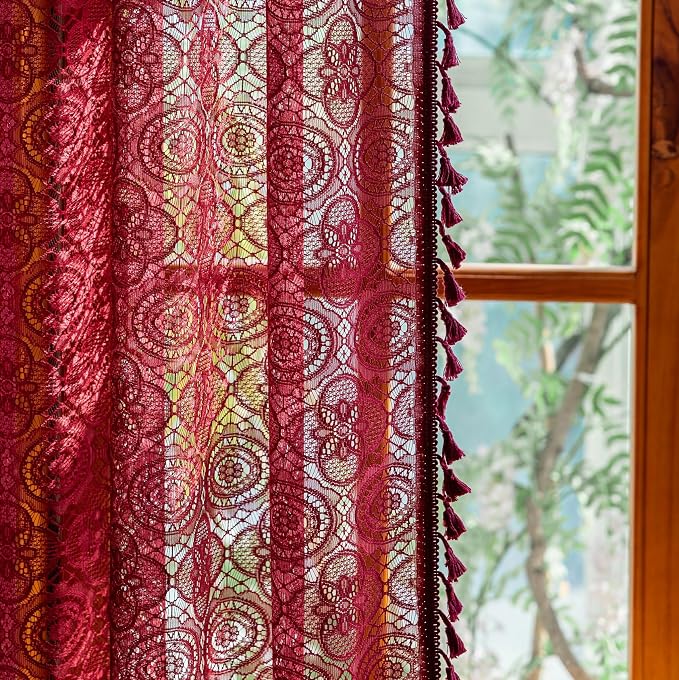 Burgundy Boho Lace Curtains, 59 X 63 inch, Wine Red Sheer Window Panels | - Image 2