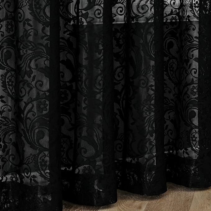 Bujasso Black Lace Pinch Pleat Curtains 84 inch, Gothic Vintage Floral Sheer - Image 8