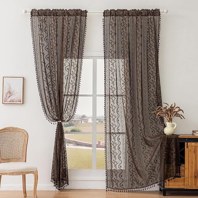 WAZZIO Boho Lace Curtains 2 Panels 84 Inch -Victorian Sheer Panel Drape French - Image 4