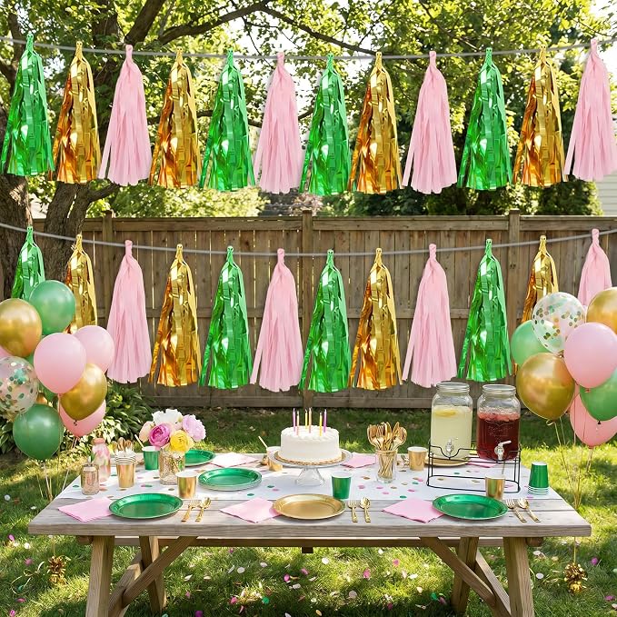 3P Sage-Green Gold Pink Tassel Banner Garland Metallic Foil Fringe Banner - Image 5