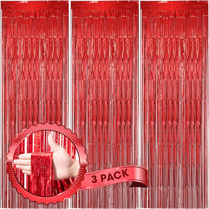 Voircoloria Laser Red Foil Fringe Backdrop Curtains, 3 Pack | Tinsel Streamers by Voircoloria