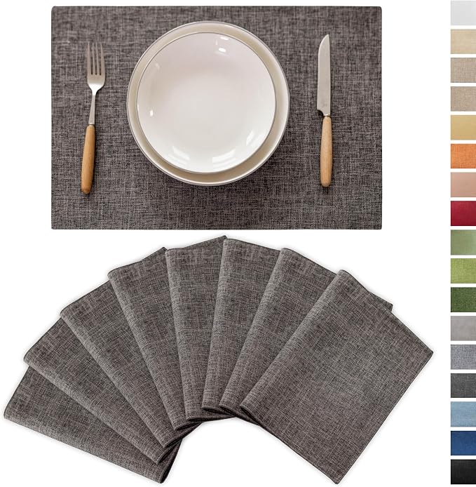 Demetex Grey Linen Placemats Set of 8 Stain Resistant Fabric Place Mats Classic by DEMETEX