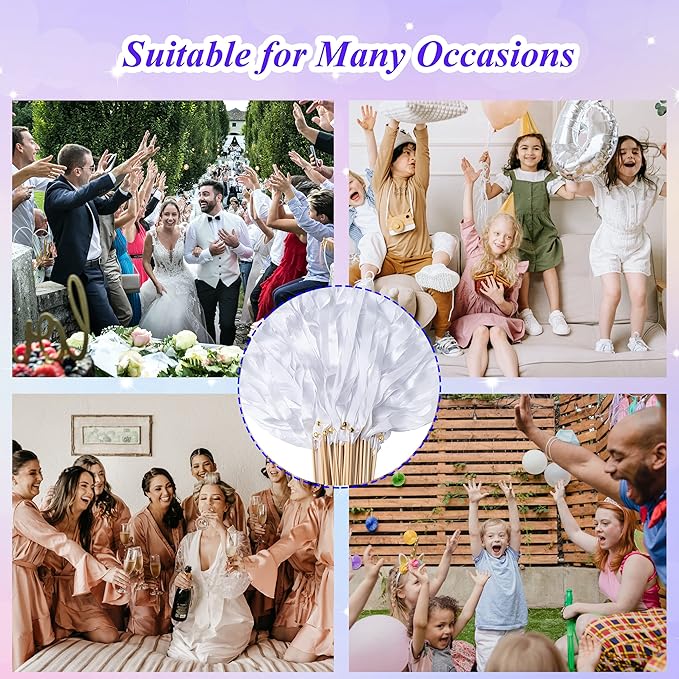 60 Pieces Wedding Colorful Ribbon with Bells, Party Ribbons Streamers Sticks Magic Wish Fairy Wand for Wedding Party Holiday Activities Favors (White-100)