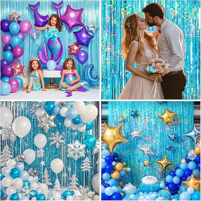 4 Packs Blue Foil Fringe Curtain, Light Blue Glitter Metallic Tinsel Backdrop - Image 5