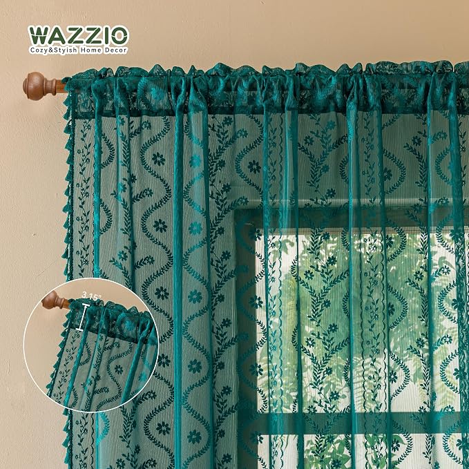 WAZZIO Boho Lace Curtains 2 Panels 63 Inch -Victorian Sheer Panel Drape French - Image 6