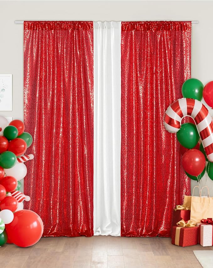 Eternal Beauty Red Sequin Backdrop Curtains, 2 Panels 2x8FT | 3mm Sparkle - Image 2