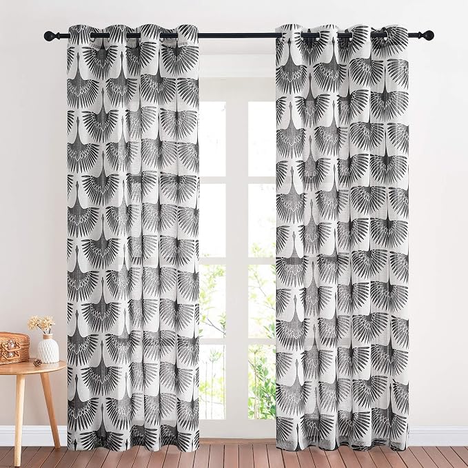 KGORGE Semi Sheer Curtains 52" W x 108" L 2 Panels Black- Bird Pattern | by KGORGE