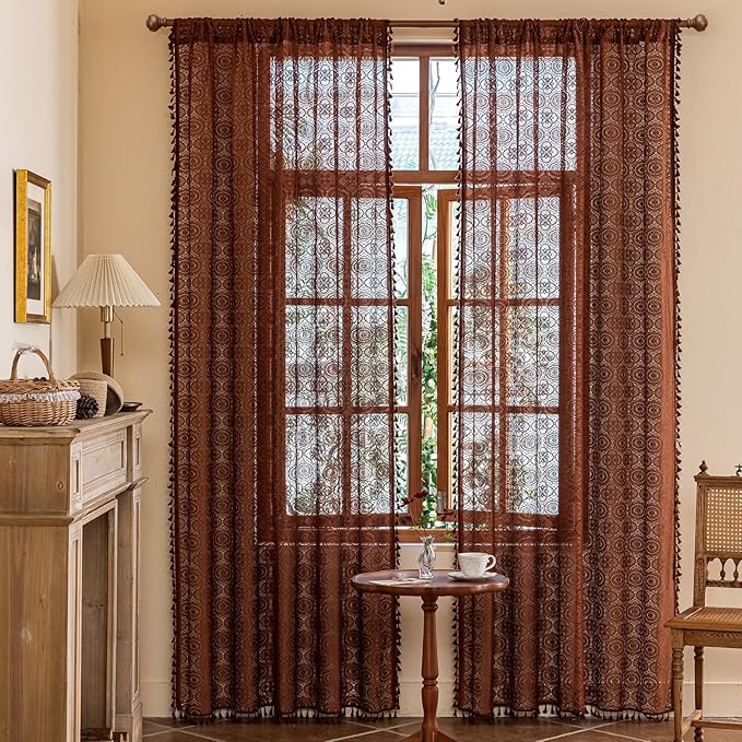 YJ YANJUN Boho Lace Curtains, Camrel Brown Sheer Window Panels | Vintage Floral by YJYANJUN