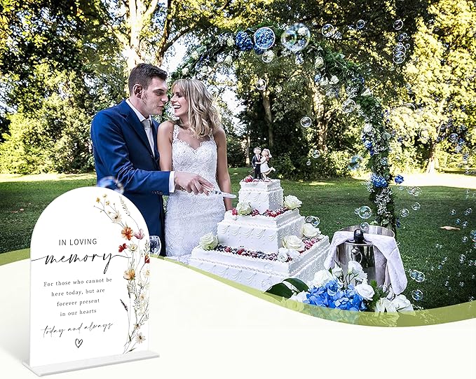 Boho Floral In Loving Memory Sign, 6 x 8 Inch White Arch Acrylic Wedding Sign with Holder, Wedding Sign for Ceremony and Reception, Wedding Decoration, Wedding Supplies - BX04