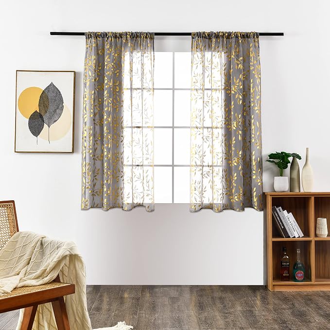 Sutuo Home Sheer Curtains 63 Inch Length 2 Panels, Luxury Gold Foil Print - Image 2