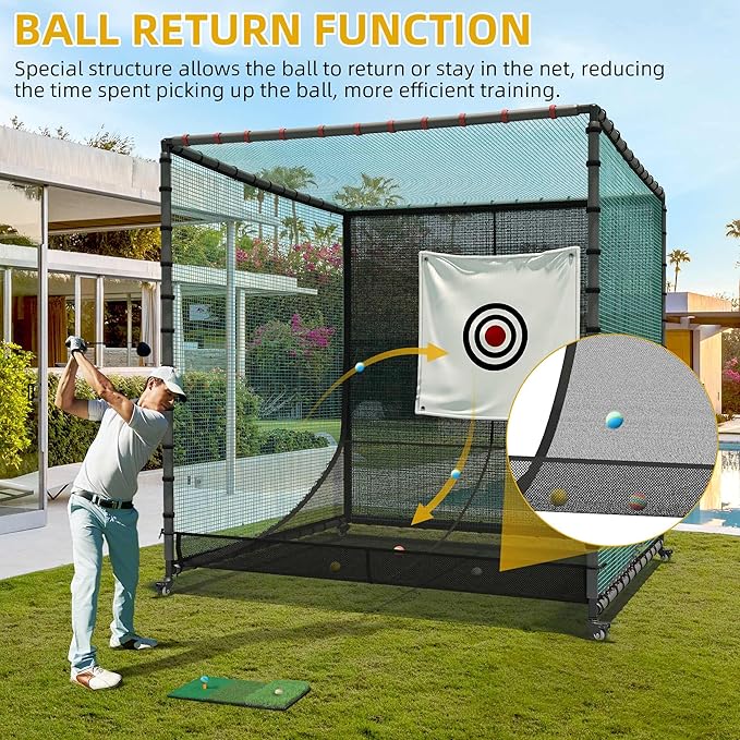 Golf Cage with Steel Freame, 7x7x7ft Golf Net with Rubber Hose, Noise Reduction for Backyard Indoor Outdoor Lawn Practice(Includes 1 Hitting Mat 6 PU Balls 1 Tee)