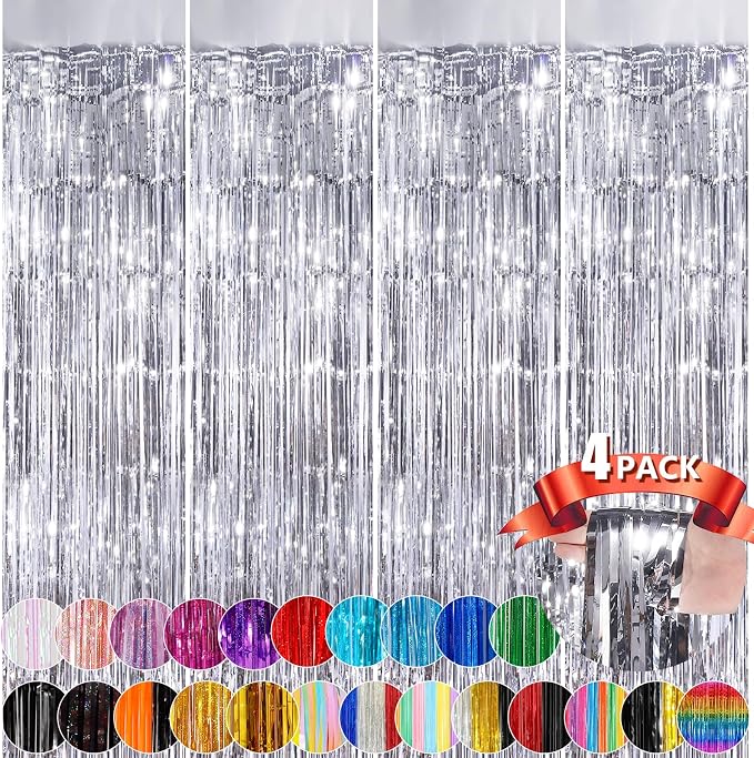 Silver Metallic Tinsel Foil Fringe Curtains, 4 Pack 3.3x8.3 Feet Streamer by NUWDHP