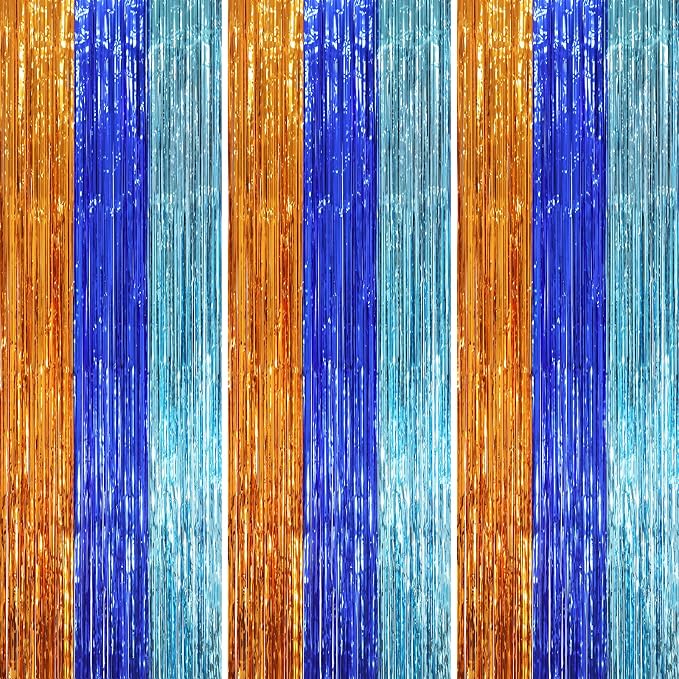 Voircoloria 3 Pack 3.3 x 8.2 ft Blue Orange Foil Fringe Backdrop Curtains by Voircoloria