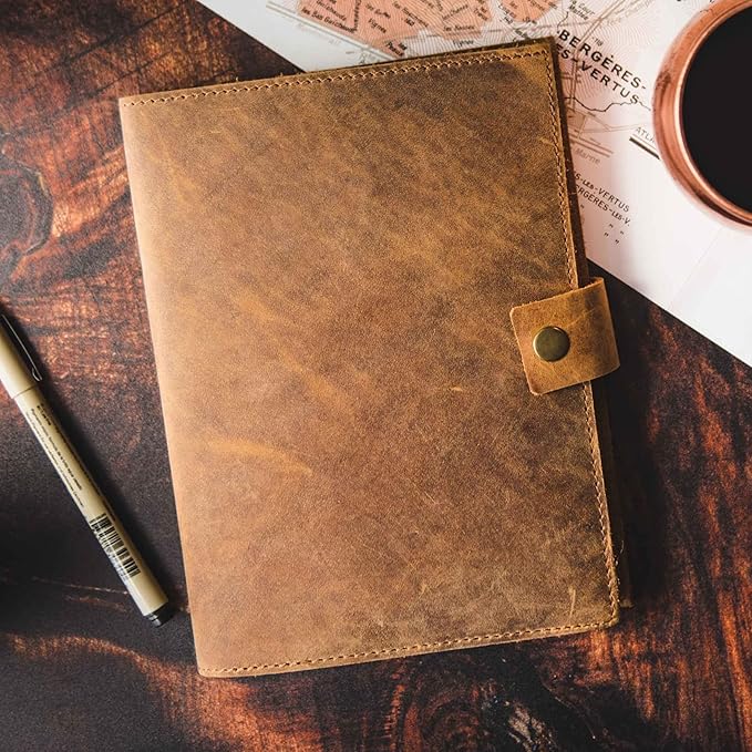 Refillable Leather Journal | Premium Lined A5 Notebook Cover | 200 Ruled Writing Pages | Card Holder Slot | Leather Bound Journals for Men & Women, Best Gift Travel Diary, Cool Planner