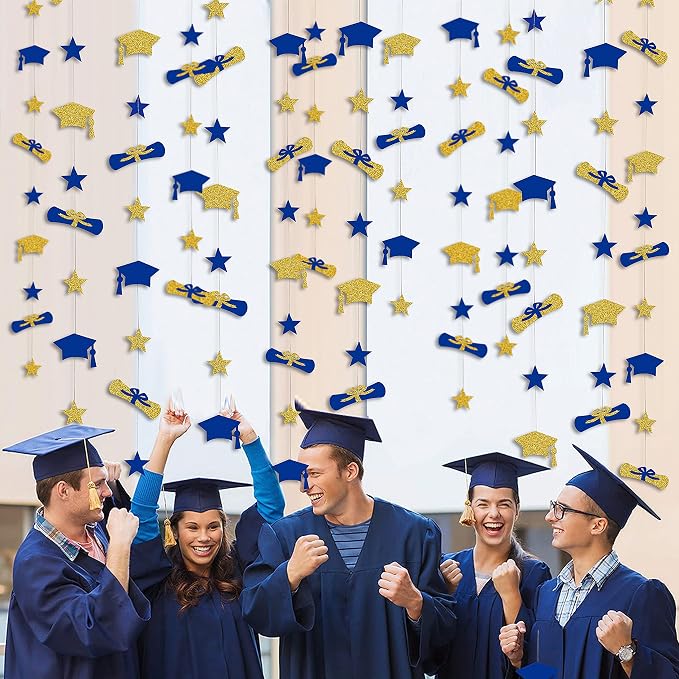 Pinkblume Navy Blue Gold Graduation Hat Diploma Star Garland Banner Bunting - Image 4