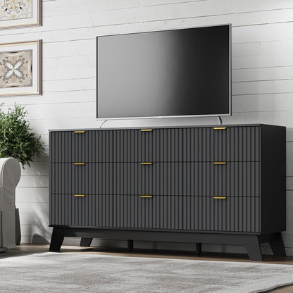 Fluted 9 Drawer Dresser, 57.1" Wide Modern Boho Chest of Drawers, Wooden Storage Dresser TV Stand for Bedroom, Living Room, Closet, Hallway, Curved Profile Design