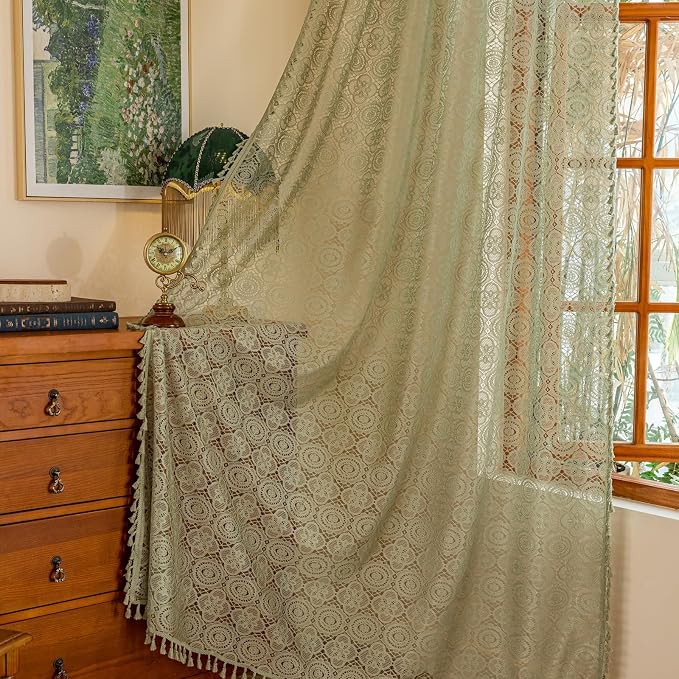 YJ YANJUN Boho Lace Curtains, Sage Green Sheer Window Panels | Geometric - Image 3