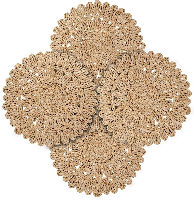15" Corn Husk Woven Round Placemats Set of 4 by DaiVuCrafts